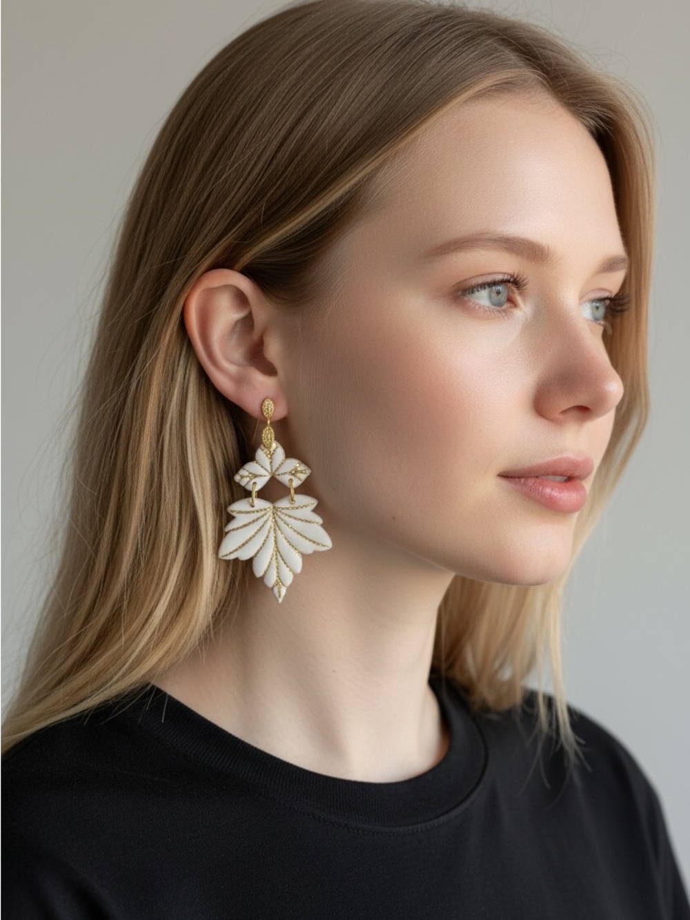 10/22 Elegant White and Gold Leaf Drop Earrings - Women Jewelry